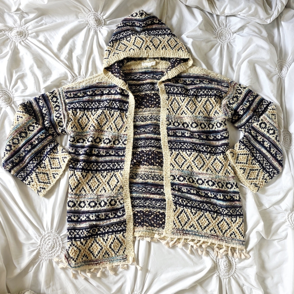 Adyson Parker Boho Knit Hooded Sweater Poncho Cardigan Cream Blue Gold, 2X - Picture 5 of 8